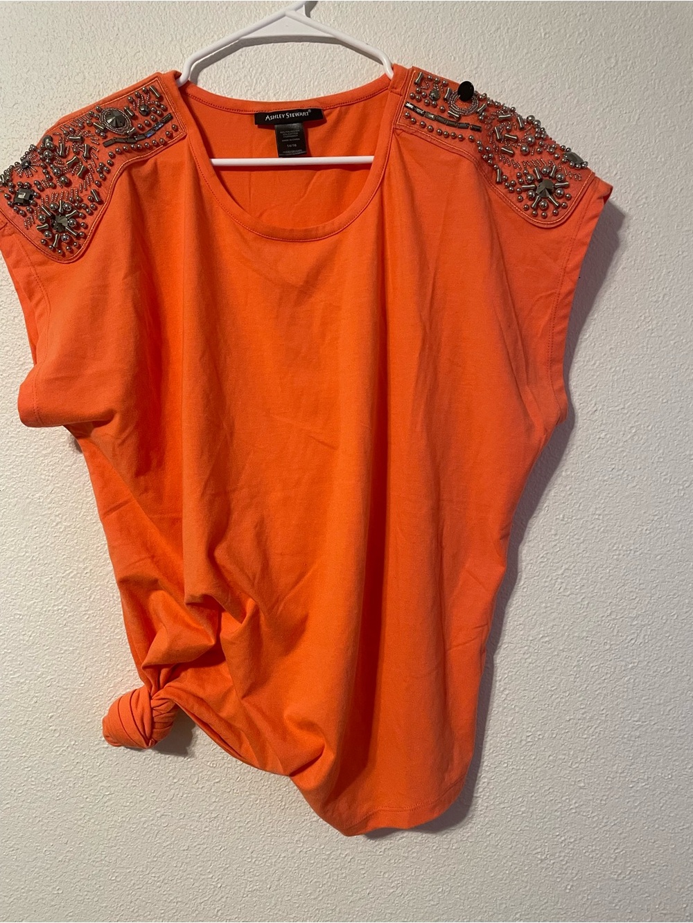 Ashley Stewart Orange Embellished Shoulder Short Sleeve Top